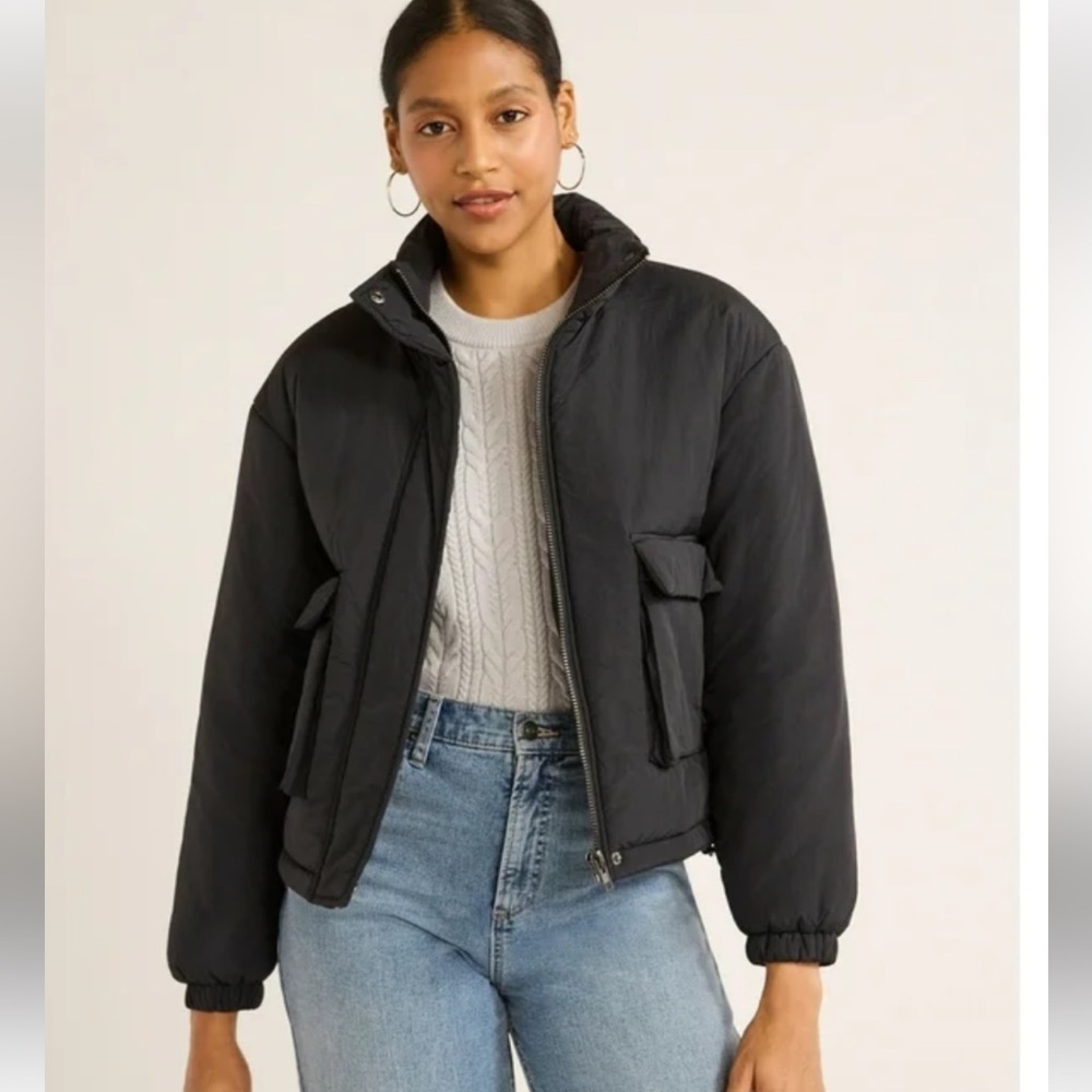 Women's Black Cargo Puffer Jacket By Scoop Sz XS